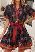 LDC Retro Floral Button Down Belted Puff Sleeve Mini Dress: Black