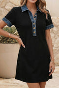 Western Knit Denim Contrast Trim Patchwork Dress| S-4X: Black / S