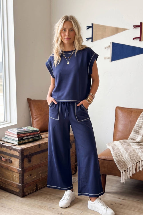 (Original Design) Scuba Contrast Stitch Lounge Set: NAVY