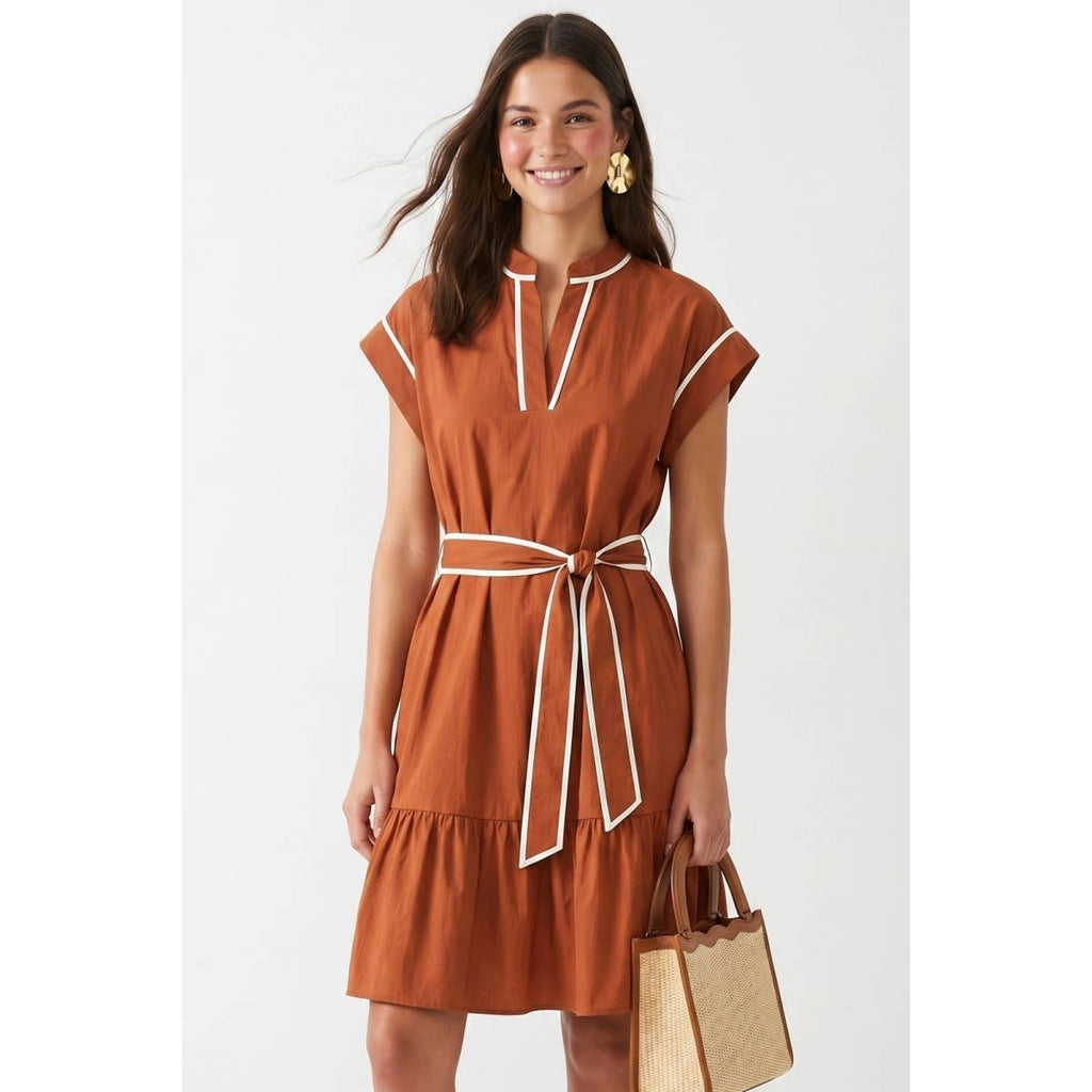 Short Sleeve Contrast Piping Mini Dress: Rust