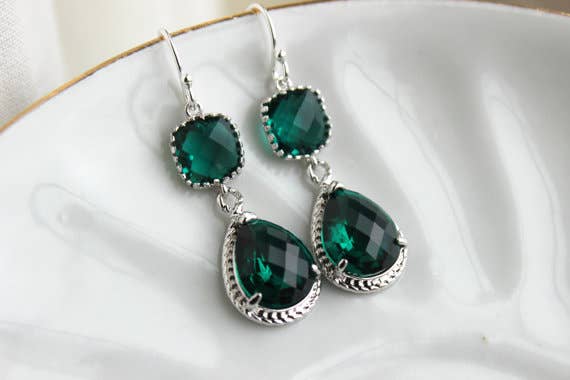 Silver Emerald Green Earrings - Teardrop Design