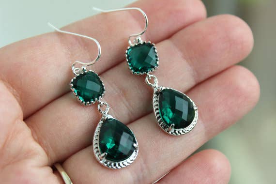 Silver Emerald Green Earrings - Teardrop Design
