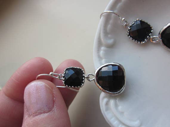 Black Onyx Earrings Silver Two Tier