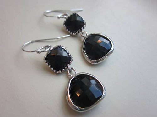 Black Onyx Earrings Silver Two Tier