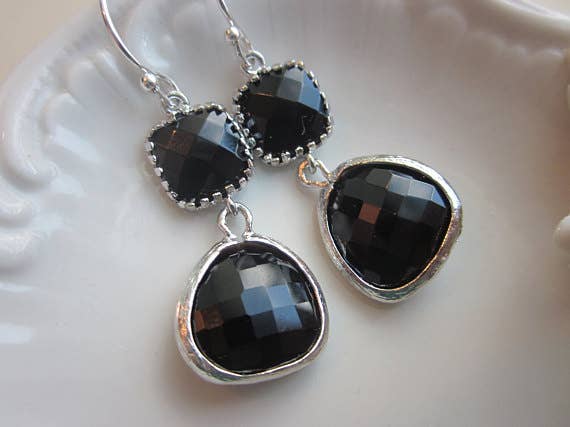 Black Onyx Earrings Silver Two Tier