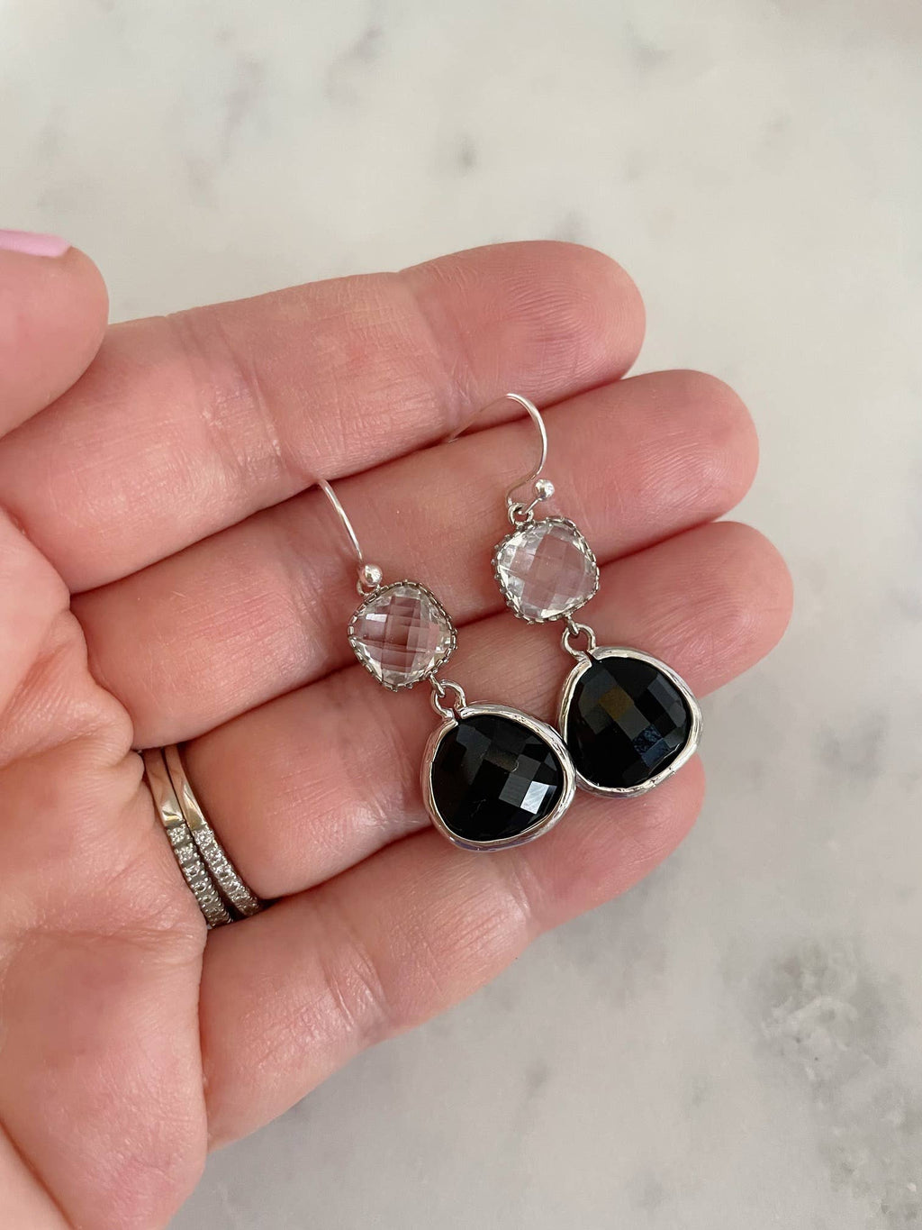 Silver Crystal Clear Black Earrings, Bridal Party, Wedding
