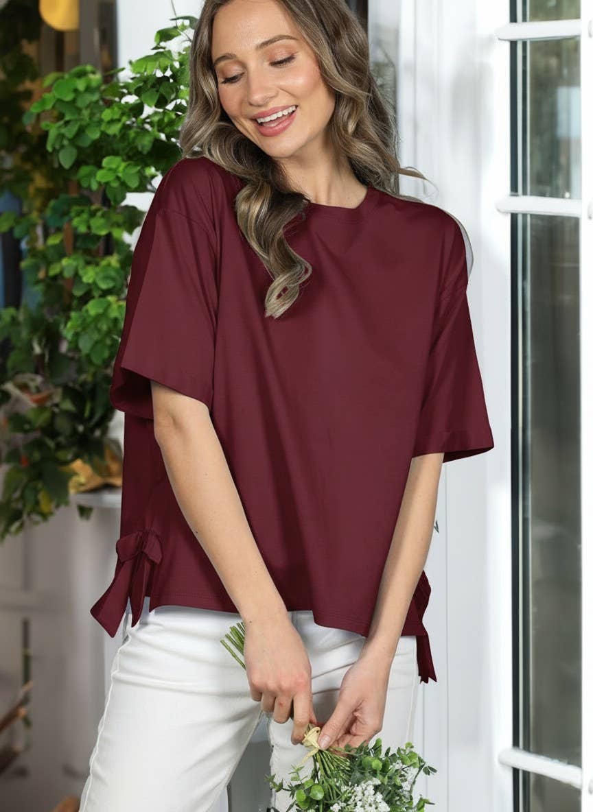 Bow Side Slit 100% Cotton Casual Knit Top VT82807: Burgundy