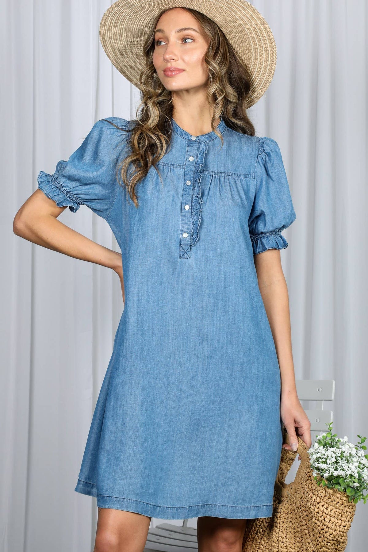 Ruffle Detail 100%Tencel Chambray Mini Dress VD60753: Denim Blue
