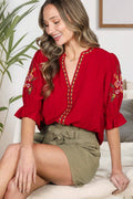 Bohemian Floral Embroidered Round Split Neck Blouse VT82833: Burgundy