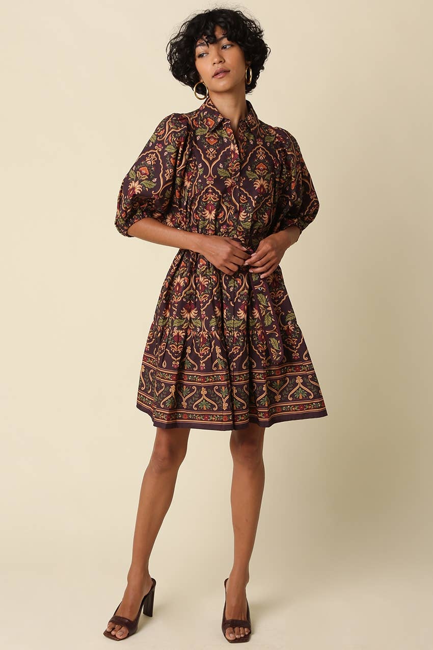 Odette Belted Paisley Print Mini Dress: CHOCOLATE MULTI