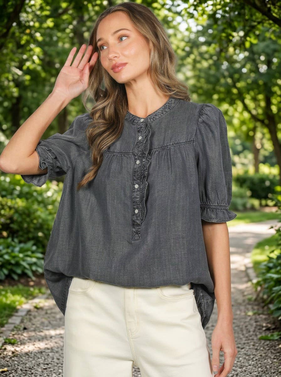 Ruffle Embellished Detail 100%Tencel Chambray Shirt VT83202: Black Denim