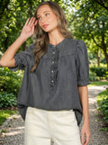 Ruffle Embellished Detail 100%Tencel Chambray Shirt VT83202: Black Denim