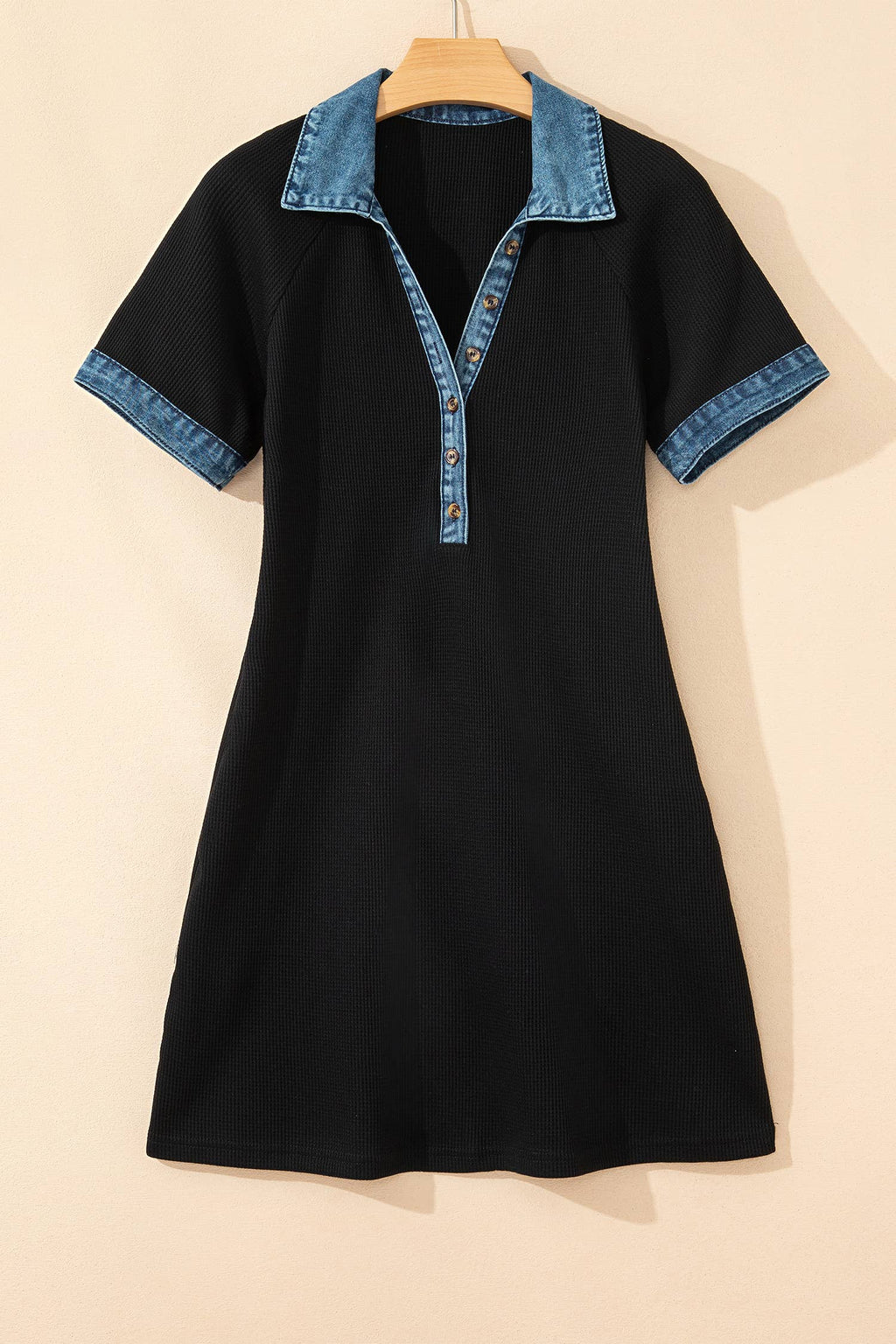 Western Knit Denim Contrast Trim Patchwork Dress| S-4X: Black / S