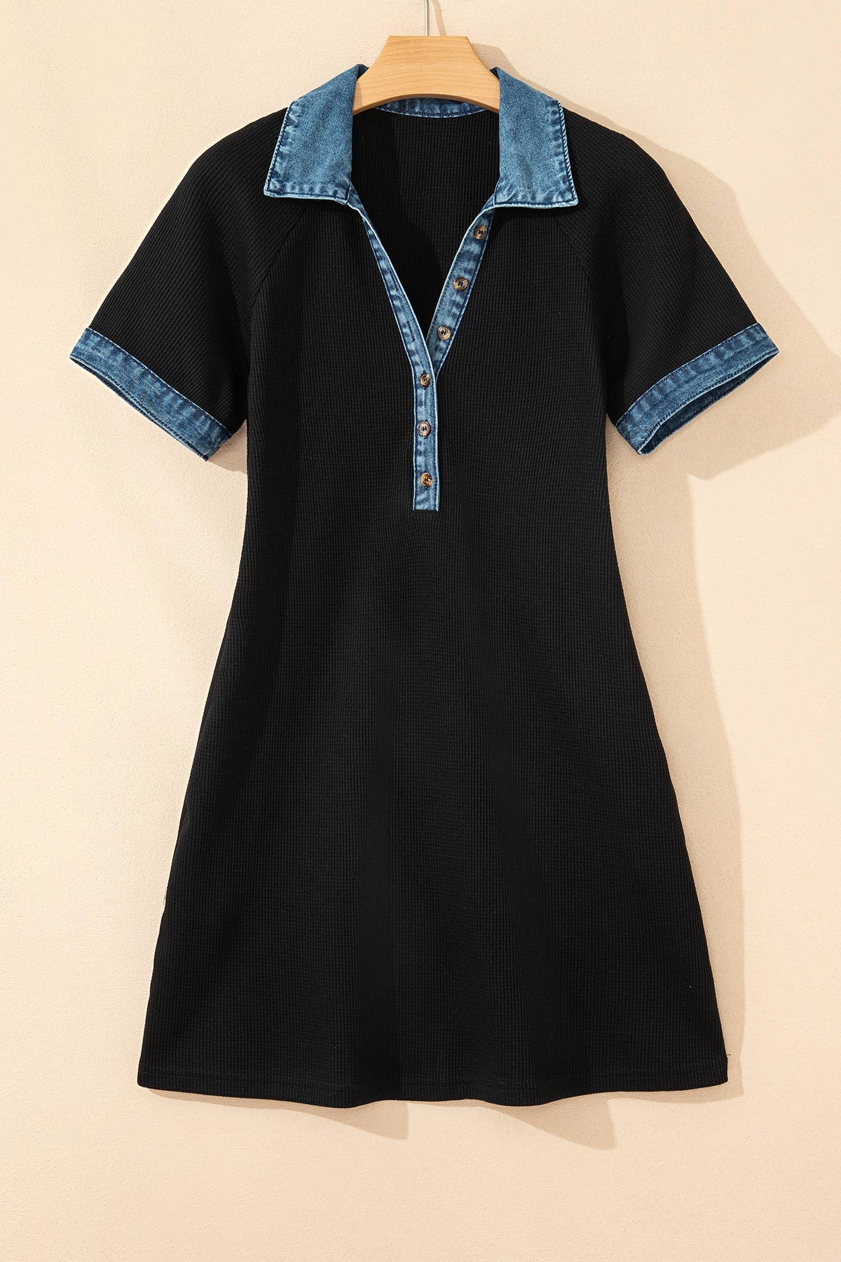 Western Knit Denim Contrast Trim Patchwork Dress| S-4X: Black / S