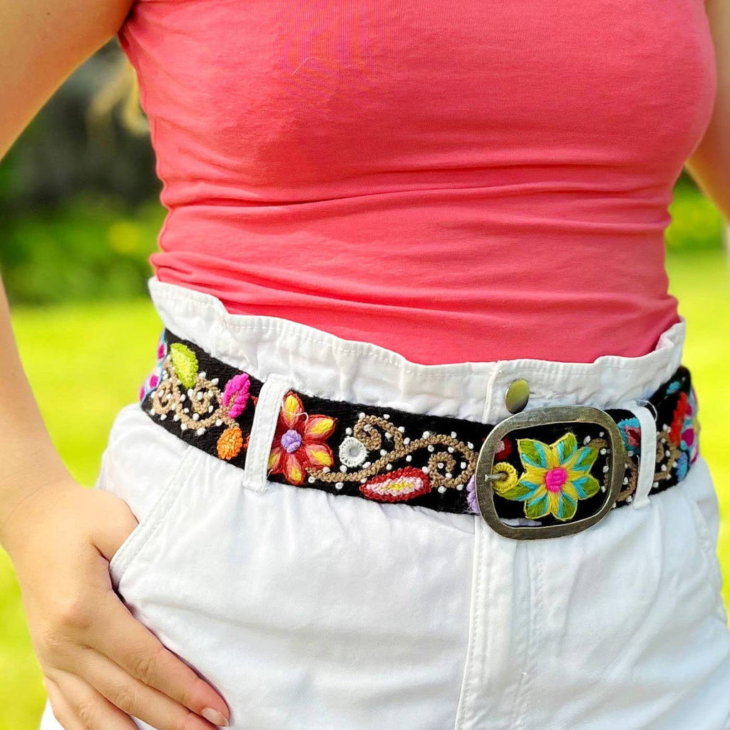 Andean Blossom Wide Embroidered Belt: Black