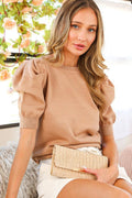 Crew Neck Puff Sleeve Knitted Sweater Top VT81344: TAUPE