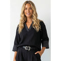 Contrast Stitch Detail Popover Blouse: Black