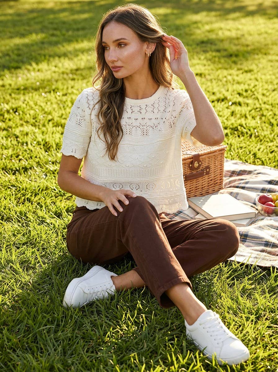 Textured 100% Cotton Crochet Casual Knitted Sweater VT82922: Cream