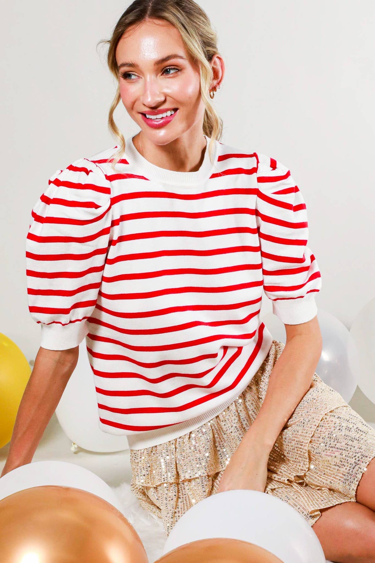 Striped Crew Neck Puff Sleeve Knitted Sweater VT81344A: Red