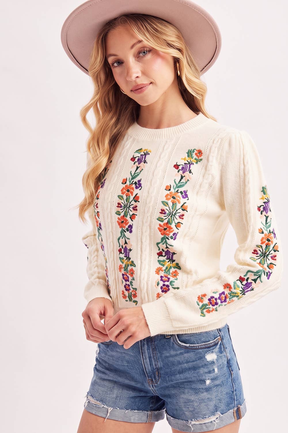 VINTAGE FLORAL EMBROIDERED KNIT SWEATER: VANILLA