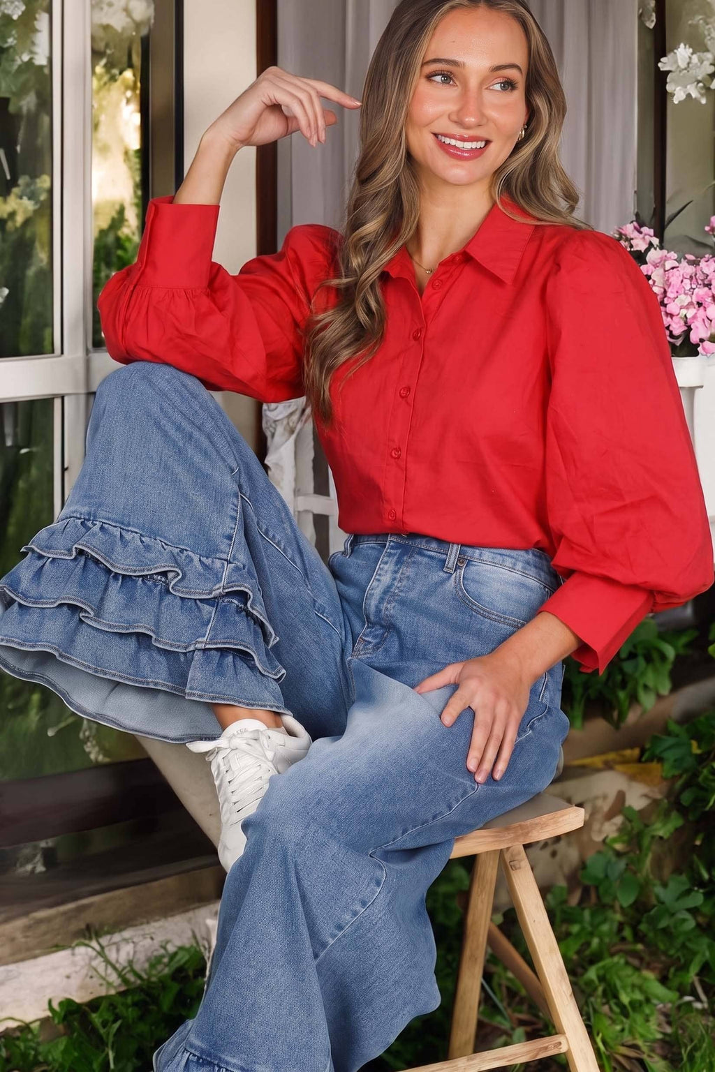 Short Puff Sleeve Button Down Shirt Top VT83244: Red