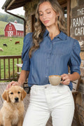 Collared Puff-Sleeve 100%Tencel Chambray Denim ShirtVT81707K: Washed Denim