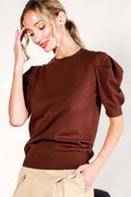 Crew Neck Puff Sleeve Knitted Sweater Top VT81344: BROWN