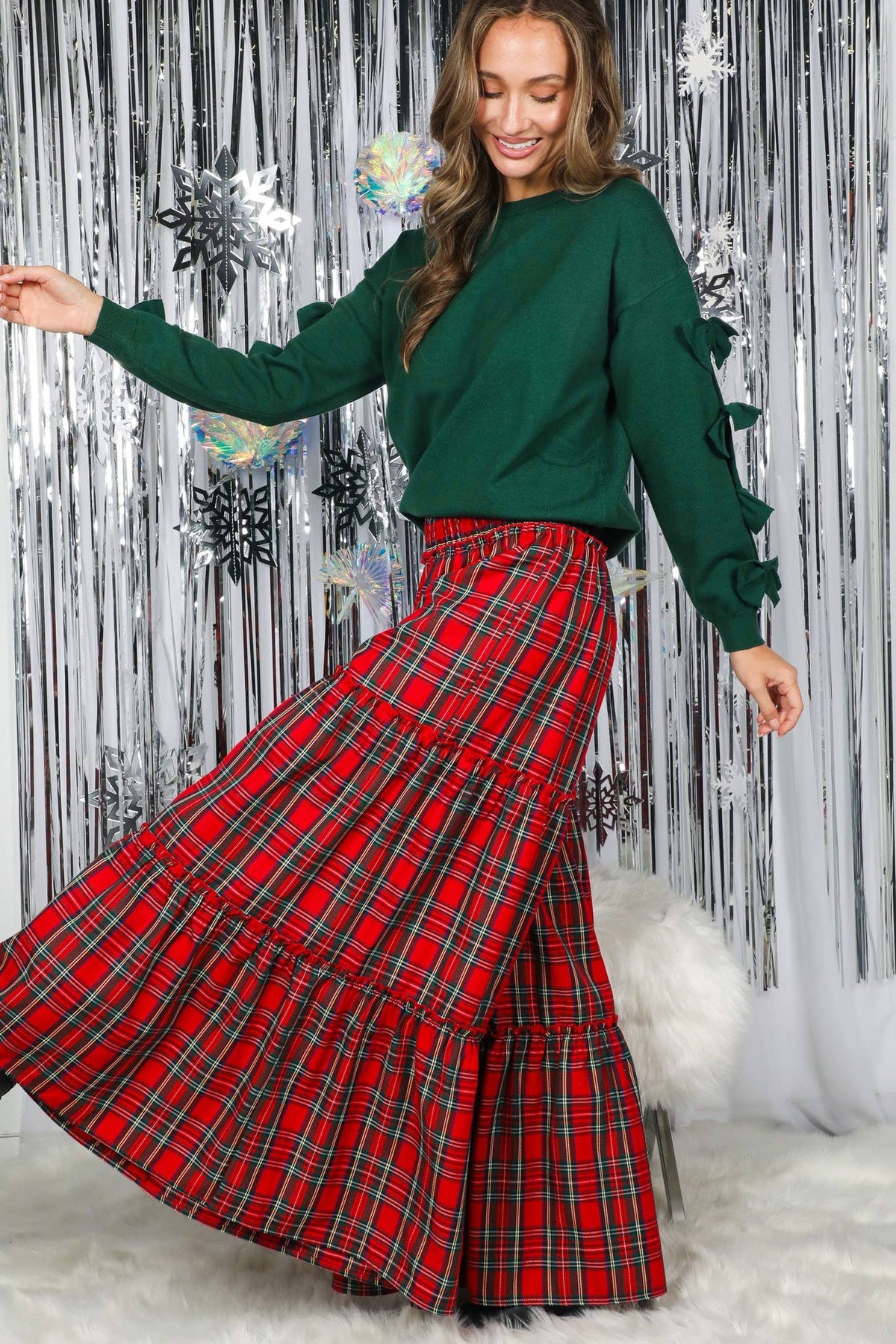 Bow Embellished Crew Neck Long-Sleeve Knit Sweater VT82605: Hunter Green