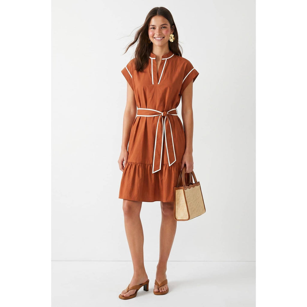 Short Sleeve Contrast Piping Mini Dress: Rust