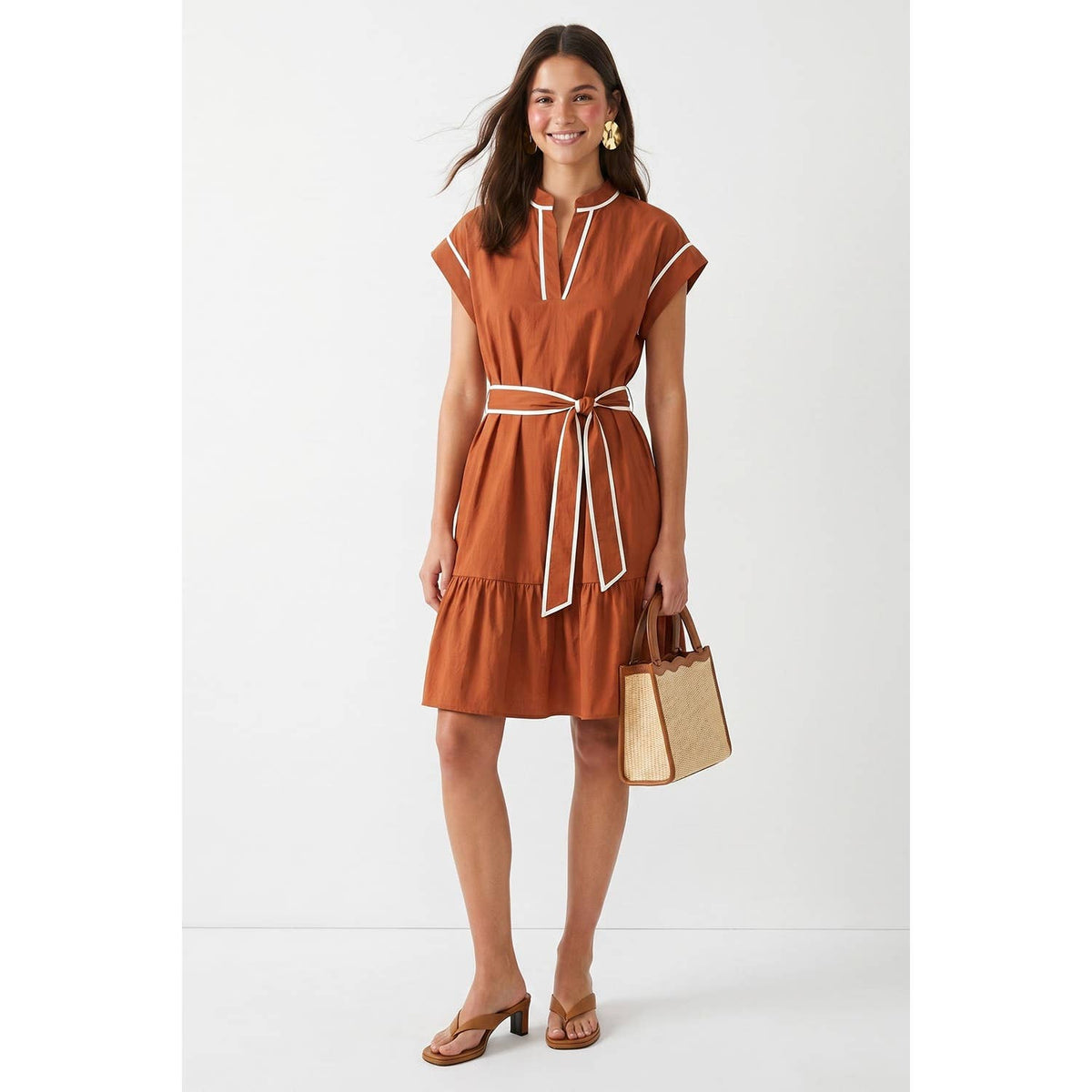 Short Sleeve Contrast Piping Mini Dress: Rust
