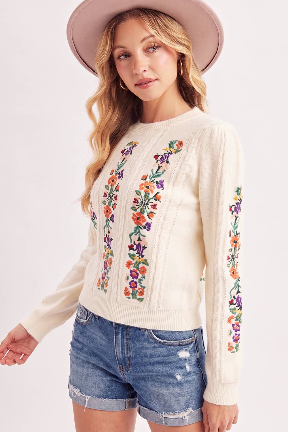 VINTAGE FLORAL EMBROIDERED KNIT SWEATER: VANILLA