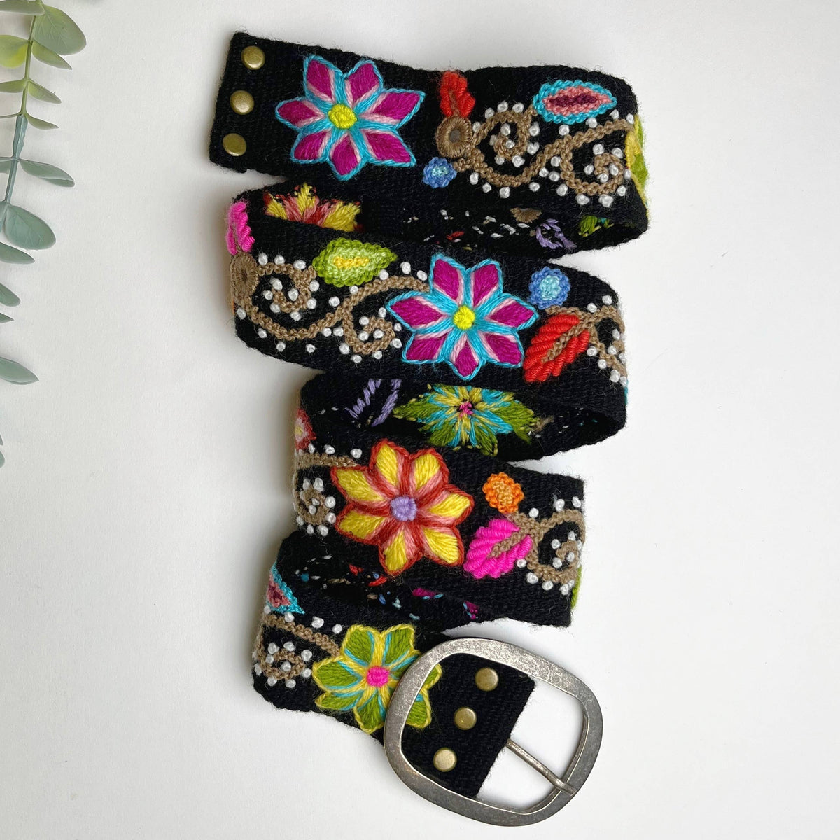 Andean Blossom Wide Embroidered Belt: Black