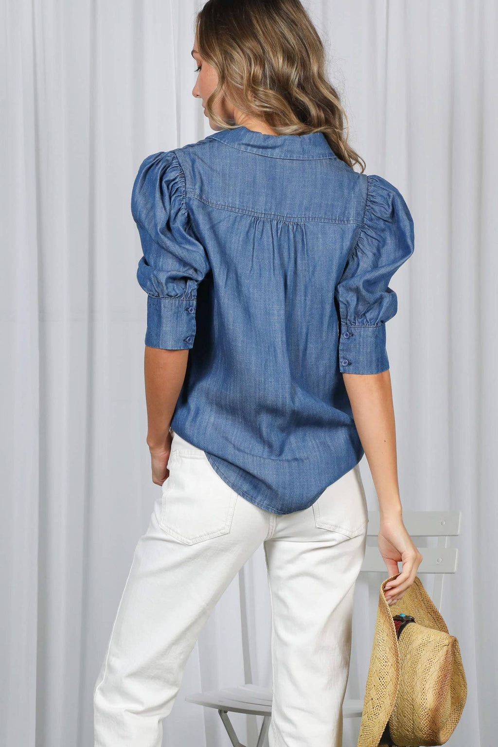 Collared Puff-Sleeve 100%Tencel Chambray Denim ShirtVT81707K: Washed Denim