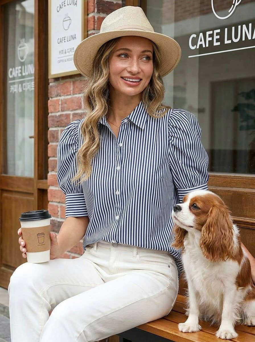 Striped Collared Neck Short Puff Sleeve Blouse Top VT81707: Navy