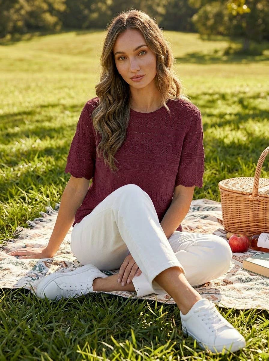 Textured 100% Cotton Crochet Casual Knitted Sweater VT82922: Burgundy