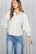 Playful Polka Dot Puff Sleeve 100%Cotton Shirt Top VT83244B : Off White/Navy