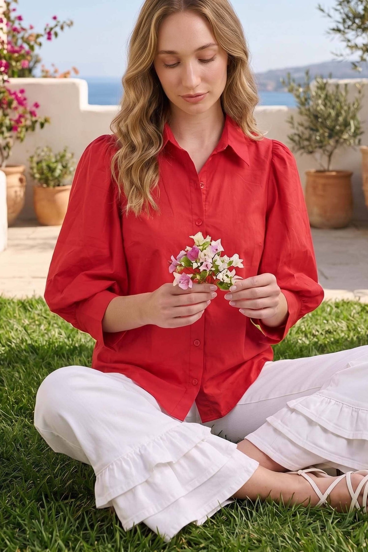 Short Puff Sleeve Button Down Shirt Top VT83244: Red