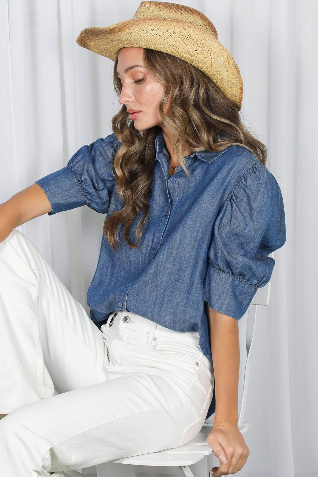 Collared Puff-Sleeve 100%Tencel Chambray Denim ShirtVT81707K: Washed Denim