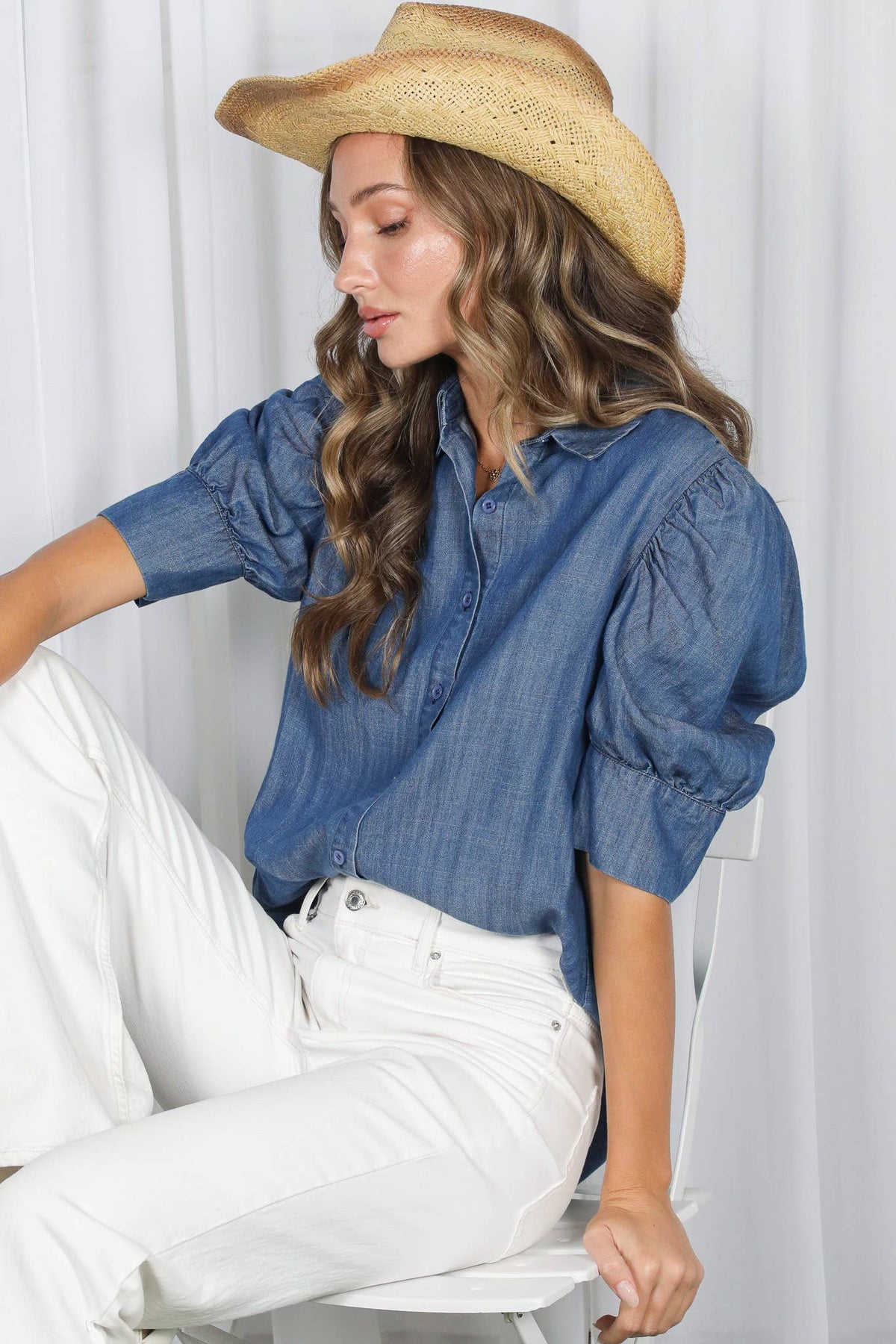Collared Puff-Sleeve 100%Tencel Chambray Denim ShirtVT81707K: Washed Denim