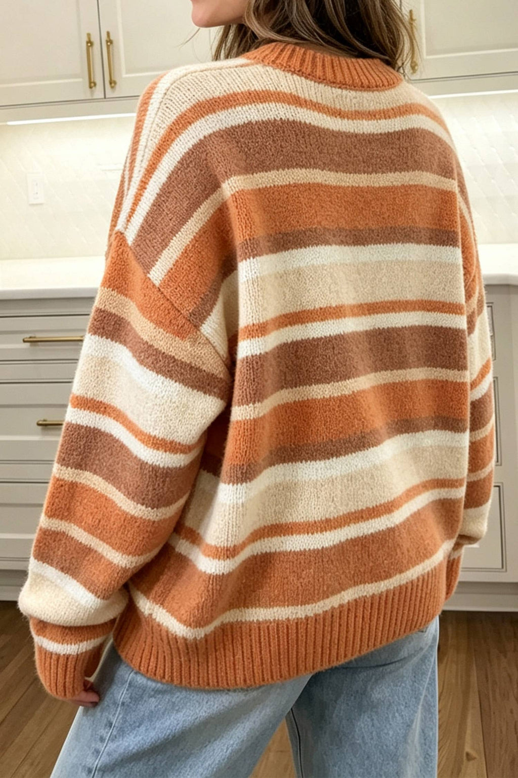 LDC Stripe Dropped Shoulder Loose Pullover Sweater: Orange Stripe