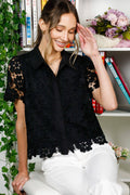 Hollow Out Eyelet Lace Collared Neck Blouse VT82235: Black