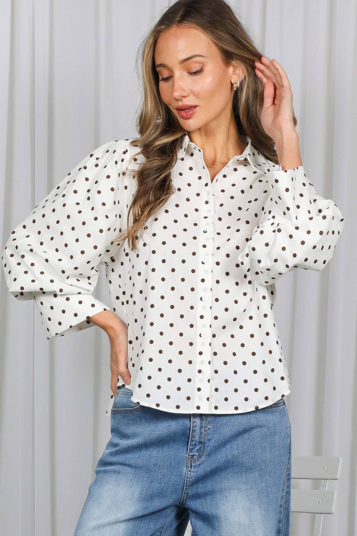 Playful Polka Dot Puff Sleeve 100%Cotton Shirt Top VT83244B : Off White/Navy