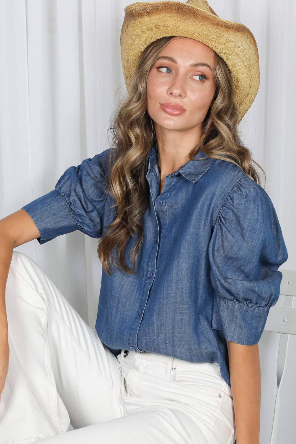Collared Puff-Sleeve 100%Tencel Chambray Denim ShirtVT81707K: Washed Denim