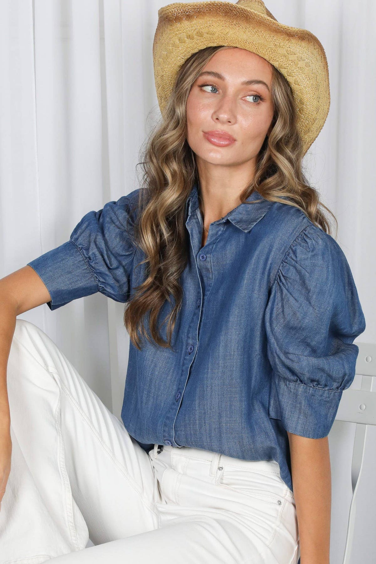 Collared Puff-Sleeve 100%Tencel Chambray Denim ShirtVT81707K: Washed Denim