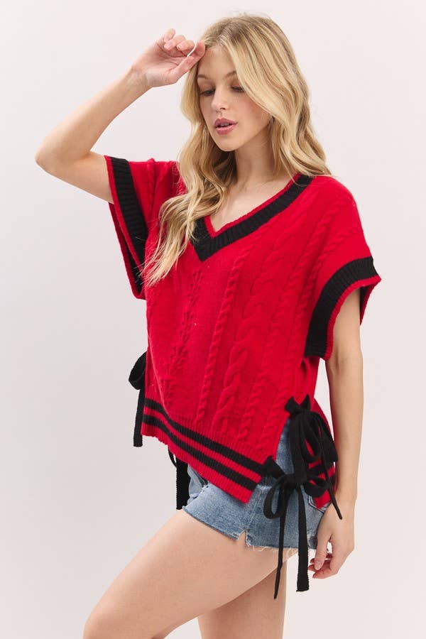 Gameday Cable Knit Varsity Sweater Vest: RED/BLACK