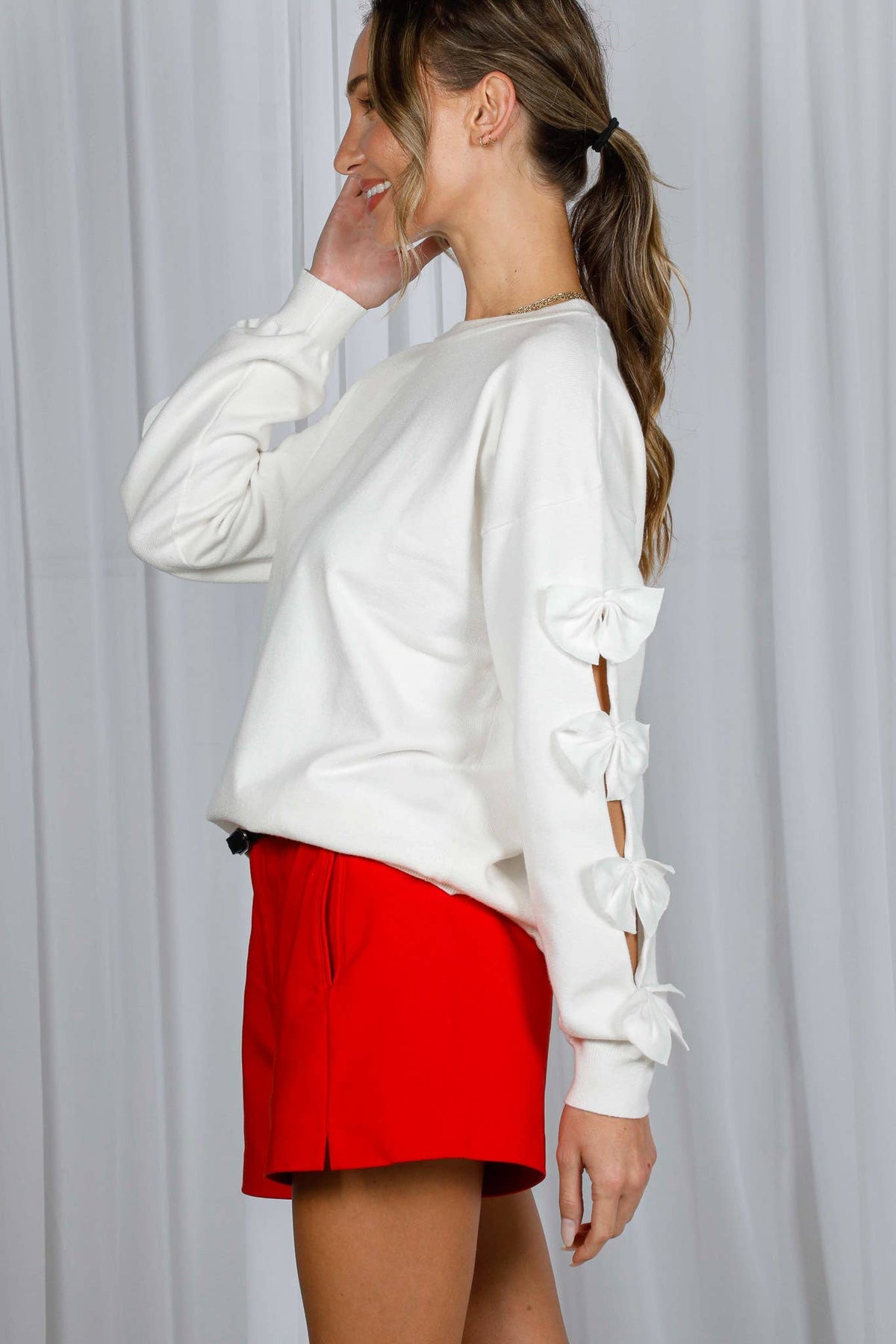 Bow Embellished Crew Neck Long-Sleeve Knit Sweater VT82605: Cream