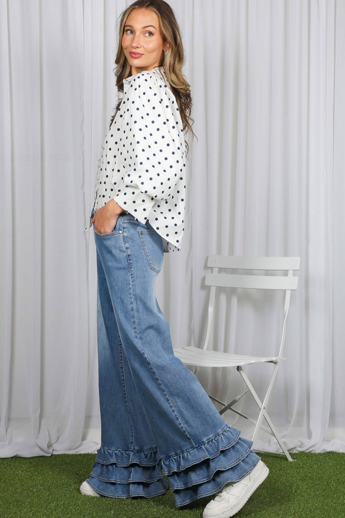 Playful Polka Dot Puff Sleeve 100%Cotton Shirt Top VT83244B : Off White/Navy