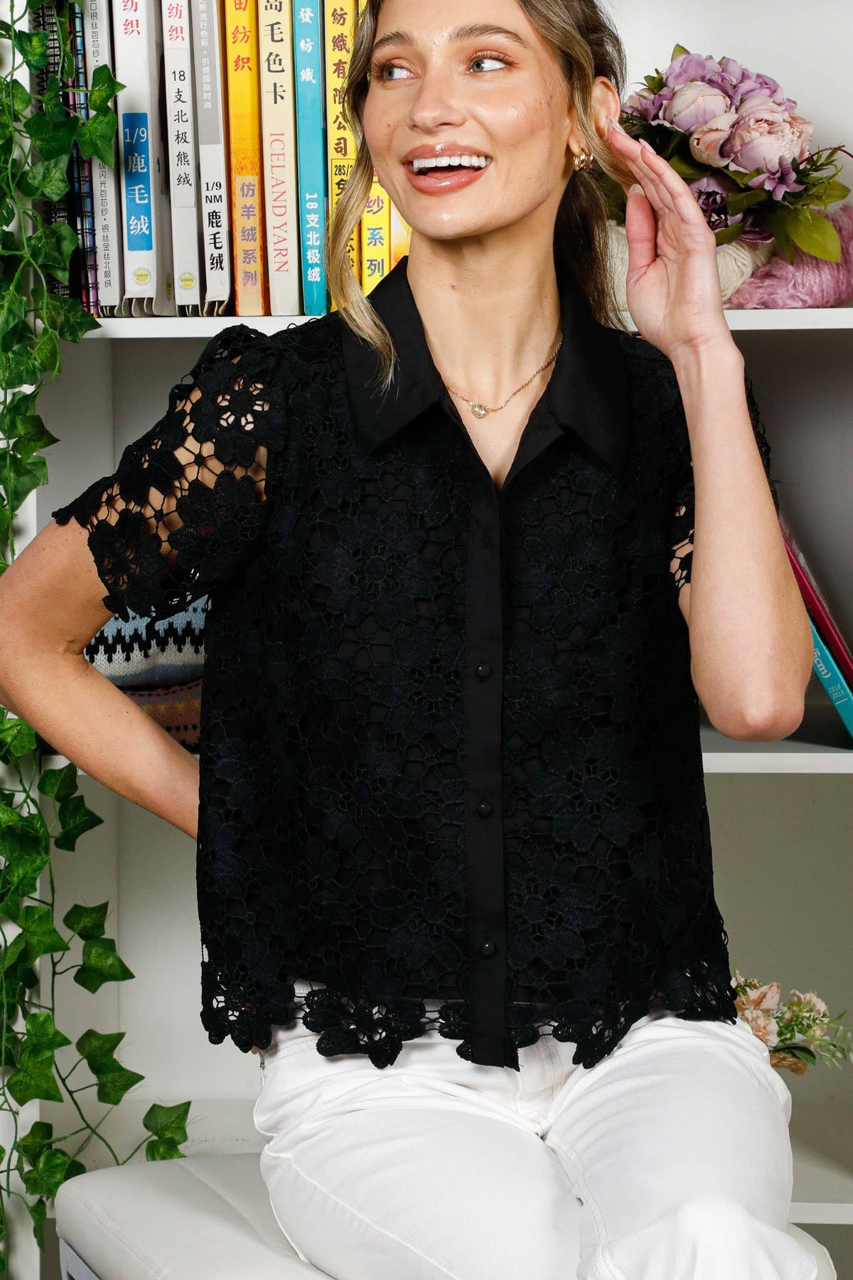 Hollow Out Eyelet Lace Collared Neck Blouse VT82235: Black
