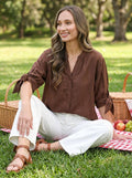 V-Neck Bow-Tie Accent Sleeve Blouse Top VT82840: Brown