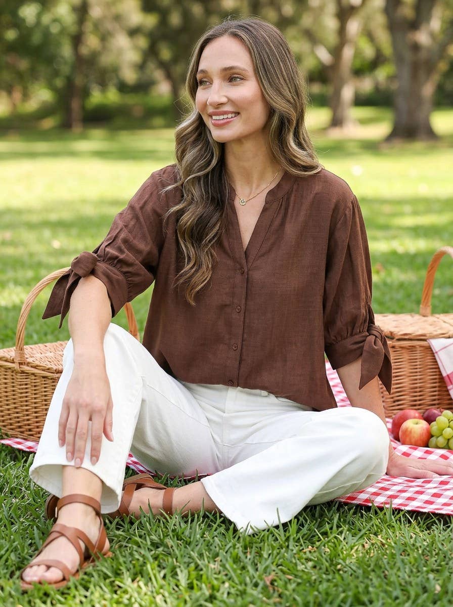 V-Neck Bow-Tie Accent Sleeve Blouse Top VT82840: Brown
